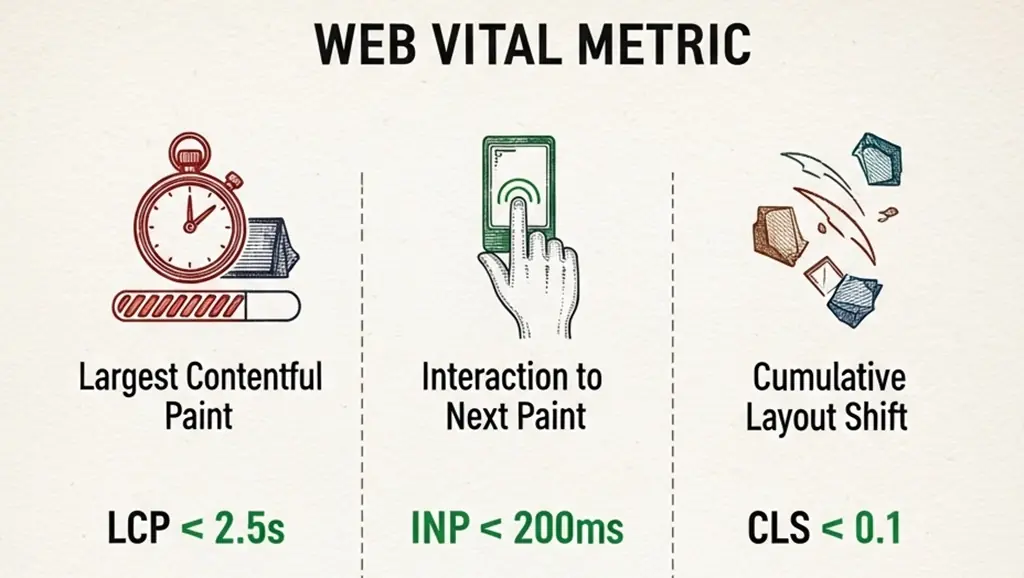 Infografik erklärt die drei Core Web Vitals LCP INP und CLS mit Beispielen