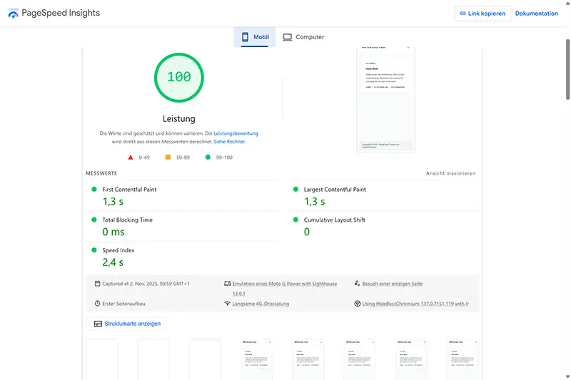 PageSpeed Insights zeigt optimierte WordPress Performance mit grünen Werten Screenshot PageSpeed Insights mit grünem Performance-Score nach WordPress-Optimierung