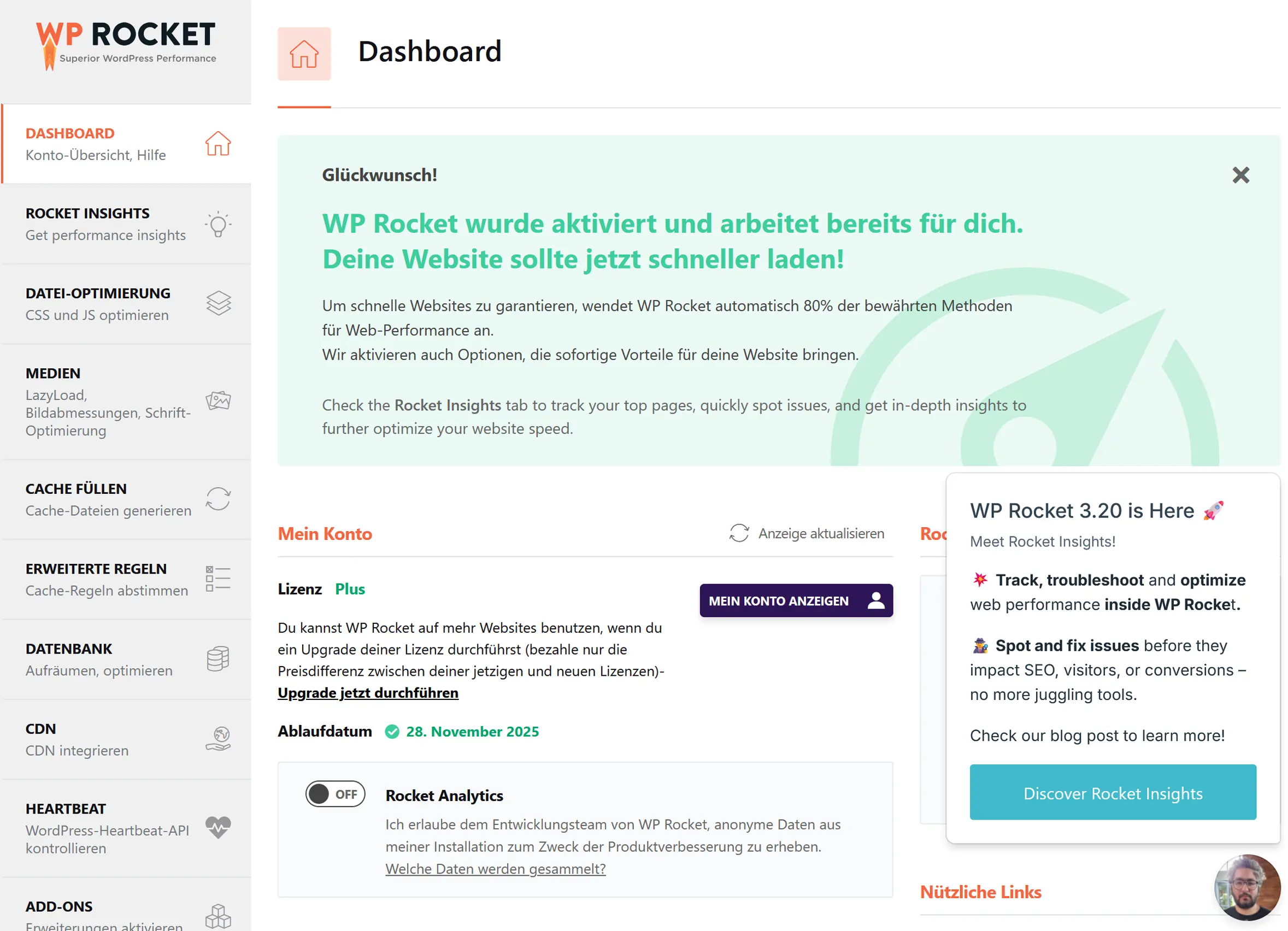 WP Rocket Dashboard mit optimalen Performance-Einstellungen WP Rocket Plugin-Einstellungen mit aktivierten Optimierungen für Core Web Vitals